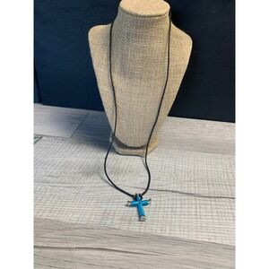 Handmade Horseshoe Nail Cross Necklace Turquoise Blue Wire Wrap Black Cord 26in